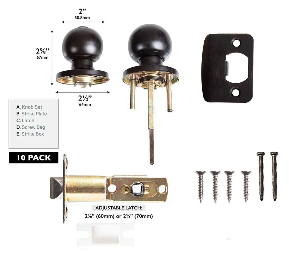 Privacy Door 旋钮适用于床和浴缸 - 球,哑光黑色内部无钥匙 10 包 — 第 2/2 张图片