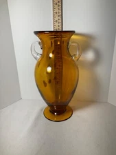 Double handled amber brown glass vase spotted pattern 11”