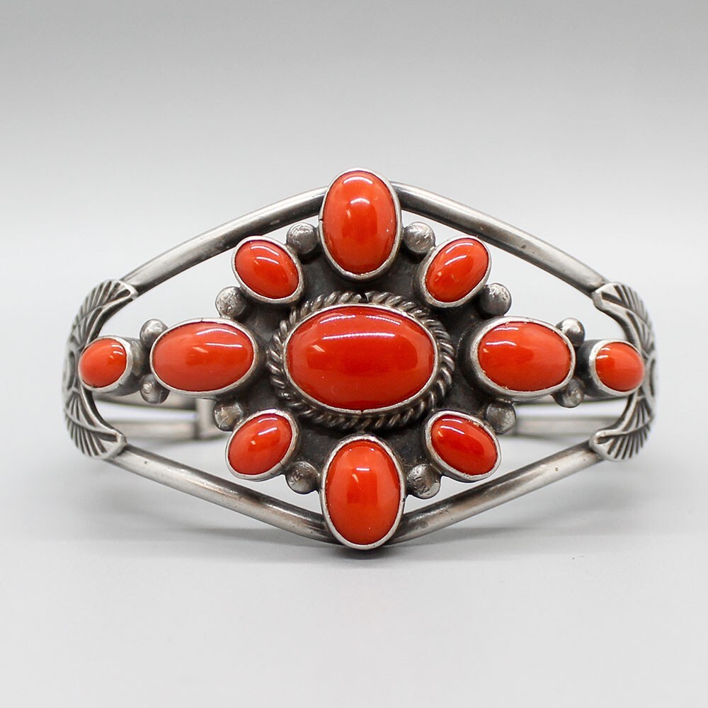 Important Vintage Zuni Native American Navajo Nila Coral Turquoise Sterling Silver Bracelet Important Vintage Zuni Native American Navajo Nila Coral Turquoise Sterling Silver Bracelet