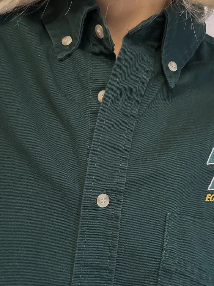 Button Down Work Shirt “Eco Power Eco Friendly Motor Oil” Green Cotton - Image 4 of 4