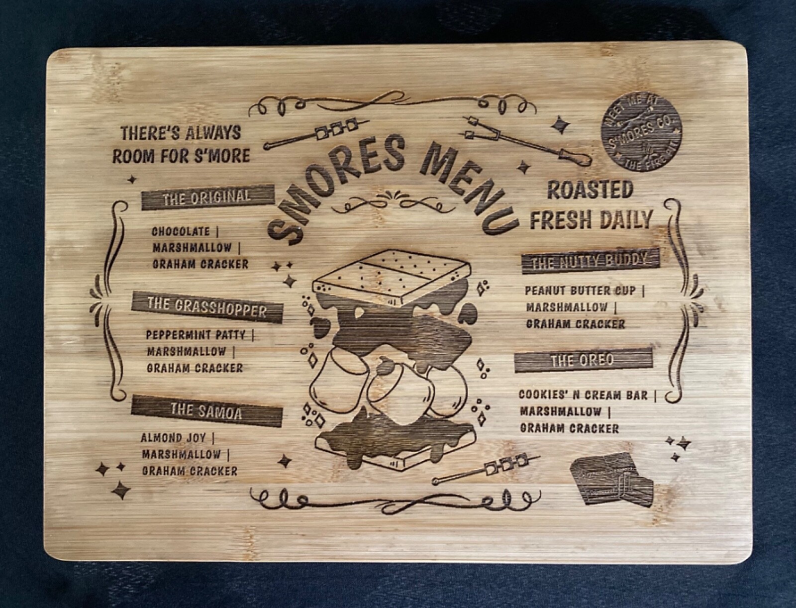 Cutting Board S'MORES Bamboo Wood Novelty Gift Campfire Serving Plank 15