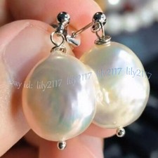 13-14mm Elegant Natural White Freshwater Baroque Coin Pearl Dangle Stud Earrings