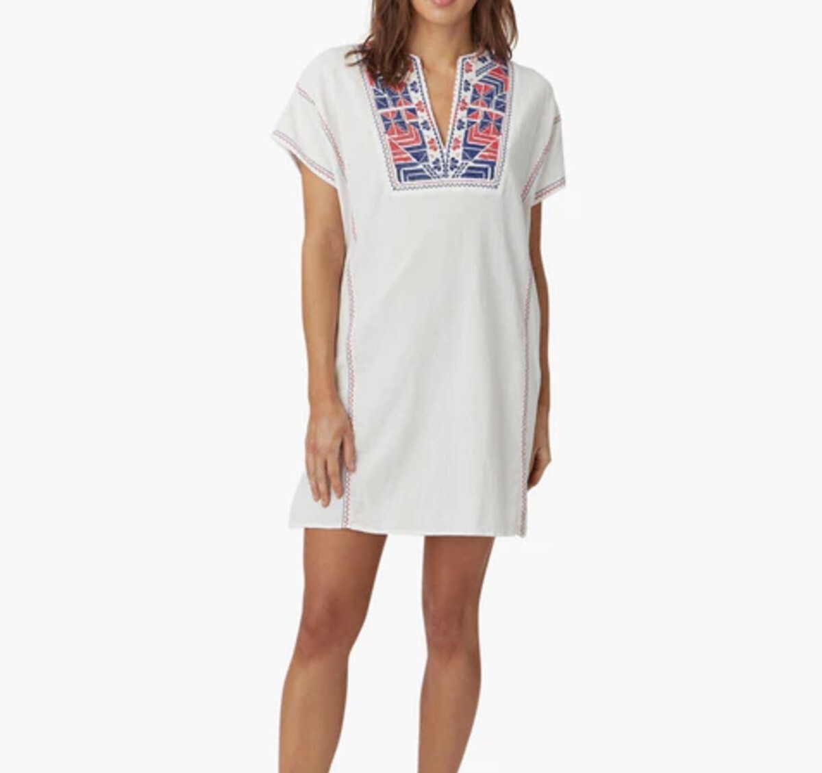 NWOT XIRENA Vida Embroidered Tunic Caftan Shift White Blue Red Dress Short Sz M