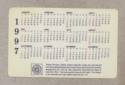 1997 Chinese Zodiac Year of Ox plastic pocket calendar by ISC