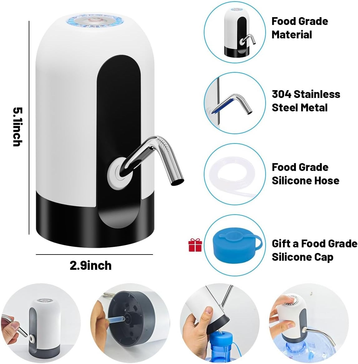 Water Dispenser for 5 Gallon Bottle,Portable USB Charging Electric Water Pump...