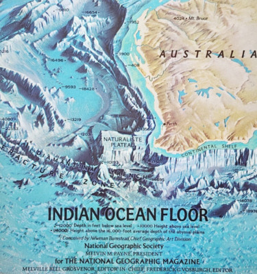 1967 Indian Ocean Floor Map National Geographic Antique 24.75 x 19