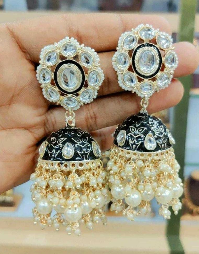 Gold Plated Bollywood Style Indian Kundan Jhumka Earrings Enameled