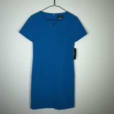 NWT Tahari ASL Mini Shift Dress Size 0 Womans Blue Short Sleeve Pockets Lined