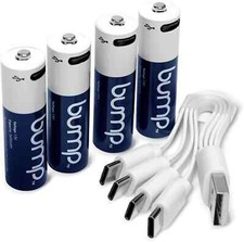 Bump 4 pack USB AA Lithium ion Rechargeable Batteries 1.5V 2600mWh w/USB-C Cable