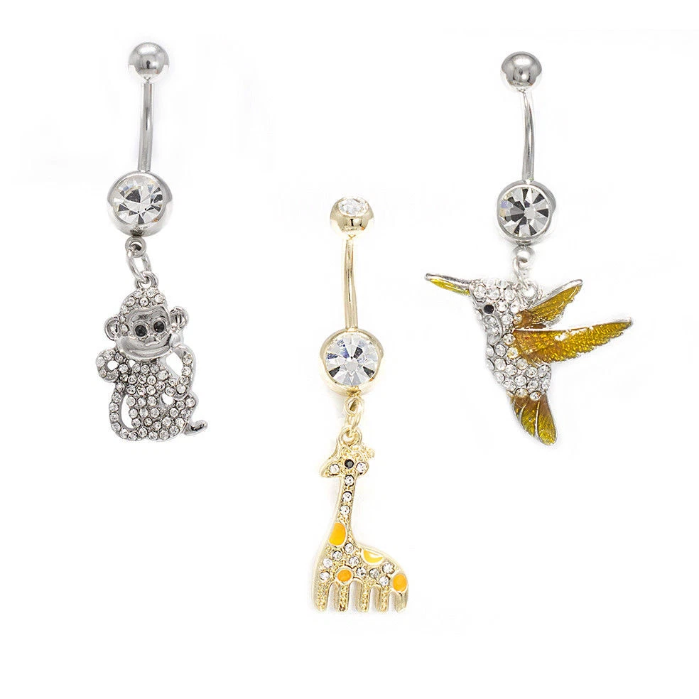 Belly Button Ring 14G 3 Pack Cute Animal Bird Monkey Giraffe Navel