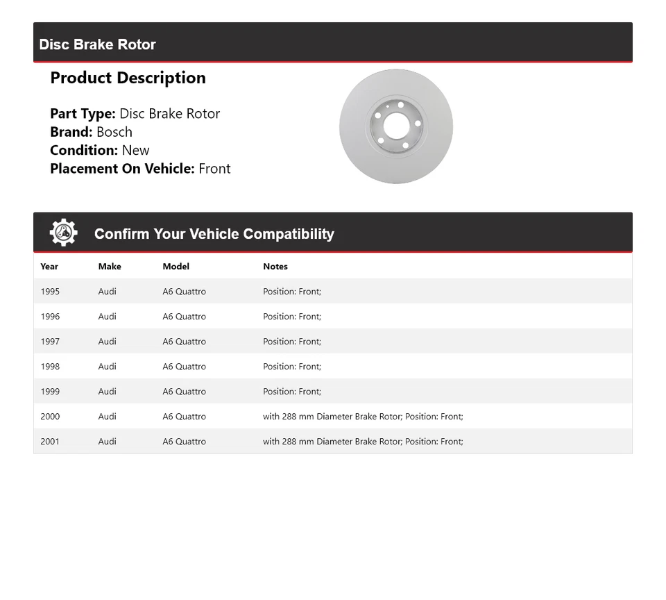 For 1995-2001 Audi A6 Quattro Bosch QuietCast Disc Brake Rotor Front 1996 1997 - Image 2 of 4