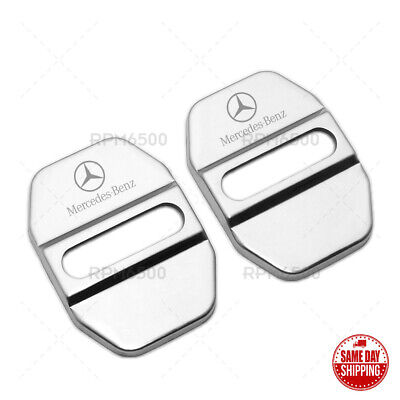 1797 Mercedes Door Latch Cover Benz Accessories Car Door Lock Cover Buckle Cap AMG Logo Interior Parts W204 W212 X204 W164 W166 W245 R172 Anti Corrosion Device Stainless Steel 3M Gum Silver 4pcs