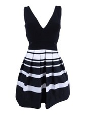 Xscape Women's Petite Illusion Striped Fit & Flare Dress (10P, Black/White)