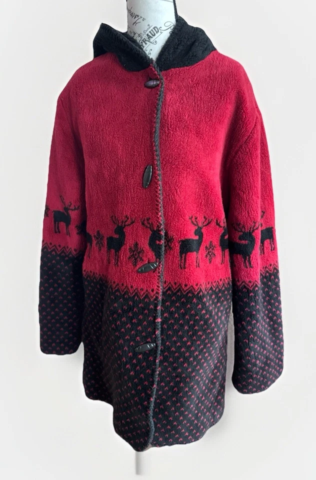 90s Alpine Studio Faux Fur Reversible Reindeer Coat Hooded Toggles Red Black S - Image 2 of 4