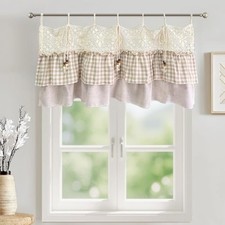 Tie Top Gingham Kitchen Curtain Check 59"W x 20"L Pack of 1 Beige and Khaki