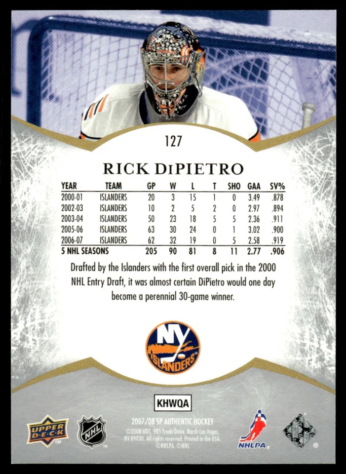 2007-08 SP Authentic SP NOTABLES Rick DiPietro 0016/1999 New York Islanders #127 - Image 2 of 2