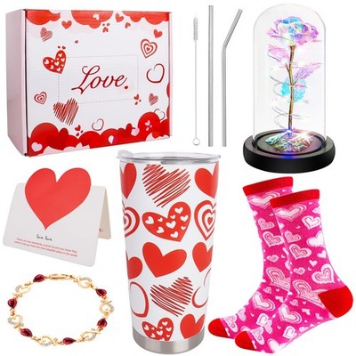 Valentines Day Gift Set for Her 8pcs 20oz Tumbler Rose Socks Bracelet Box