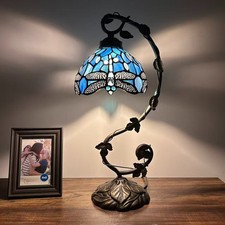 Tiffany Style Table Lamp Blue Stained Glass Dragonfly LED Bulb 11"W 8"D 21"H