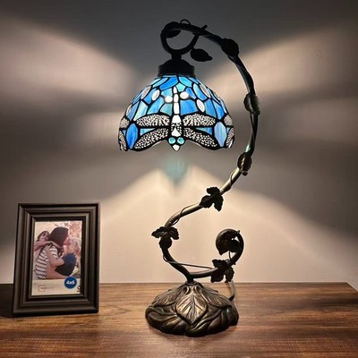 Tiffany Style Table Lamp Blue Stained Glass Dragonfly LED Bulb 11''W*8''D*21''H