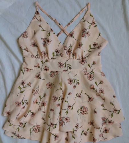 Forever 21 Floral Romper Pink Flowy Ruffle Fairycore Cottagecore Women's Large - Picture 2 of 10