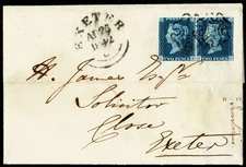2d Blue STAMPS PAIR  Victoria 1840 PL 2 CB/CC TIED BLACK MX 1842 Exeter cover