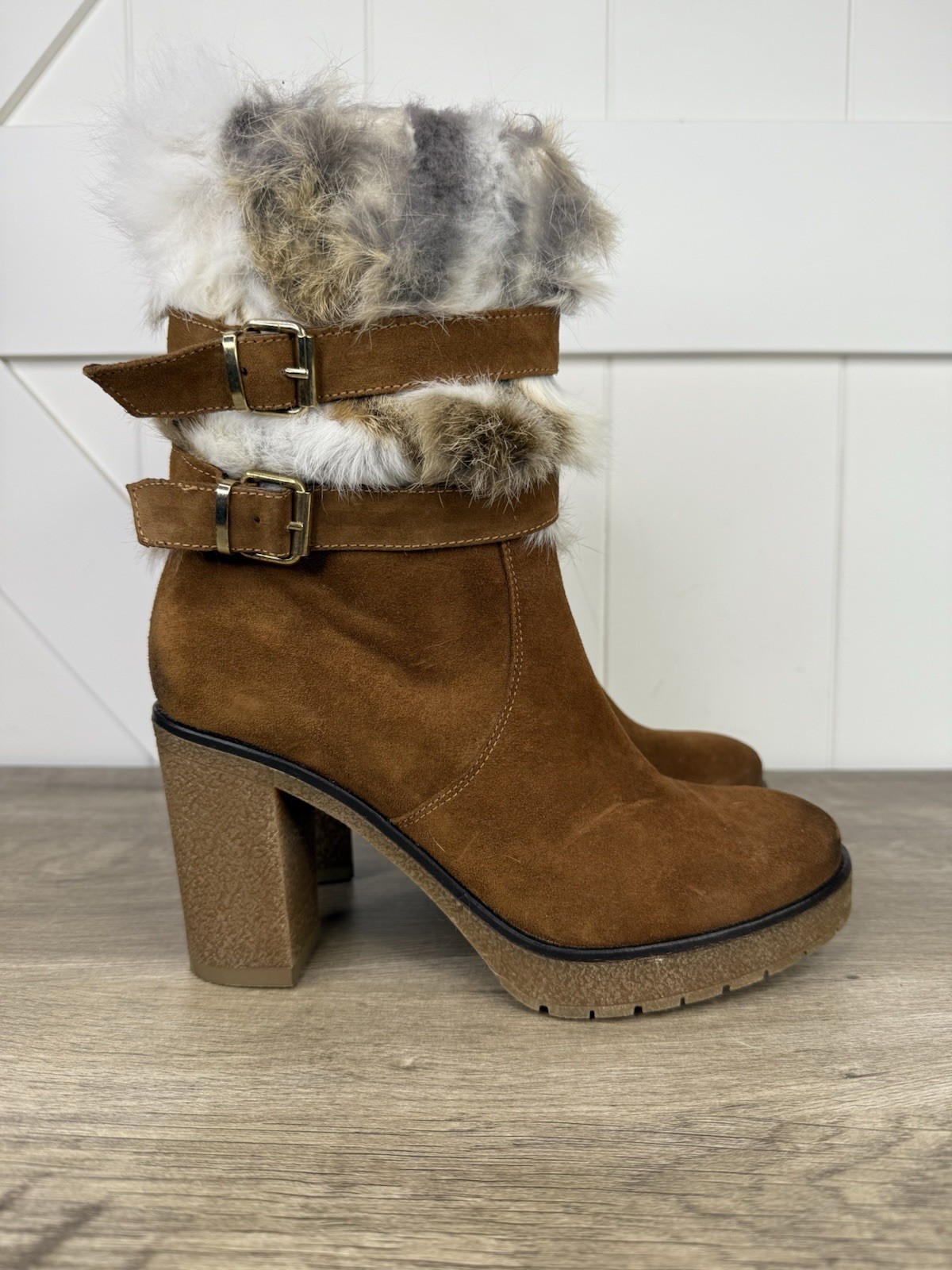 OVERLAND Elise Rabbit Fur Brown Suede Heeled Boots Buckles Size EU 39  US 8
