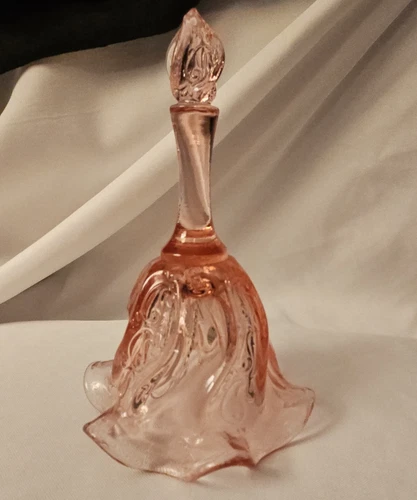 Fenton Pink Glass Bell Dusty Rose Paisley Swirl, Ruffled Edge, Clear Clapper