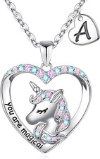 Unicorn Necklace for Girls Gifts - 14K White Gold Plated CZ Heart Pendant Unicor