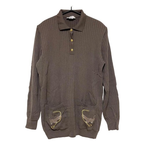 Celine, Polo CELINE vintage maglia lana marrone bottoni oro ricamo coccodrillo