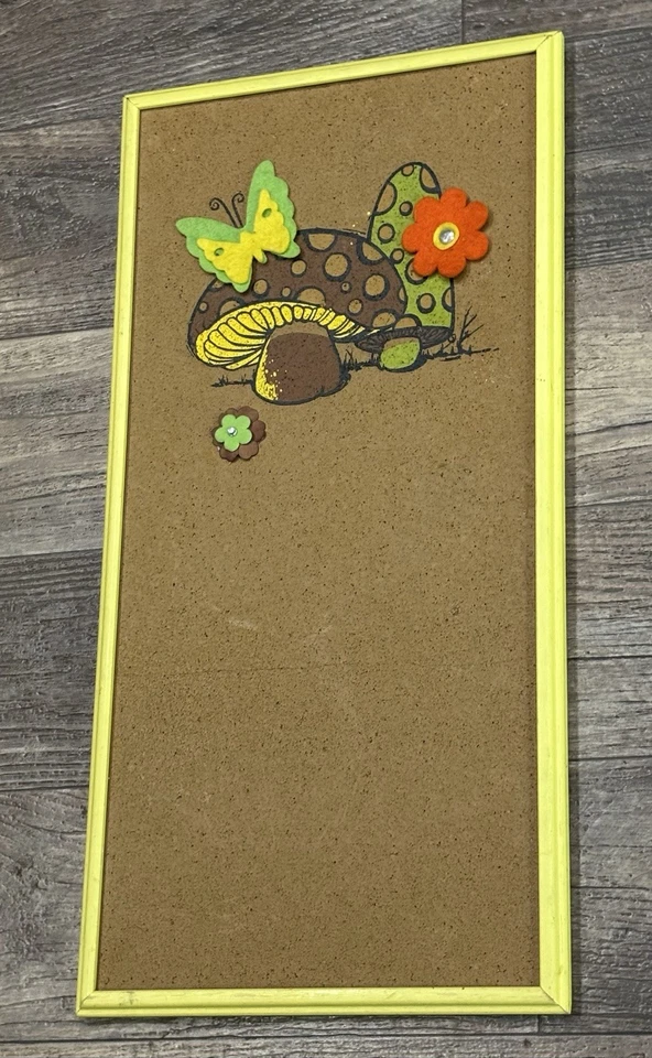 Vtg 1970’s MCM Mushroom Cork Bulletin Board Yellow Wood Frame Felt Flowers 24x12 - Image 2 of 4