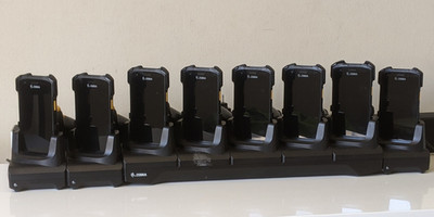 Lot of 8 Zebra TC21 TC210K Mobile Barcode Scanners, Trigger Handles and Chargers