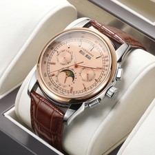 Mechanische Herrenuhr Chronograph Automatikuhr Armbanduhr Lederarmband Mondphase