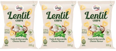 3 OHO Lentil Chips Pesto & Mozzarela Cheese Flavor Snacks Vegan 100g 3.5oz