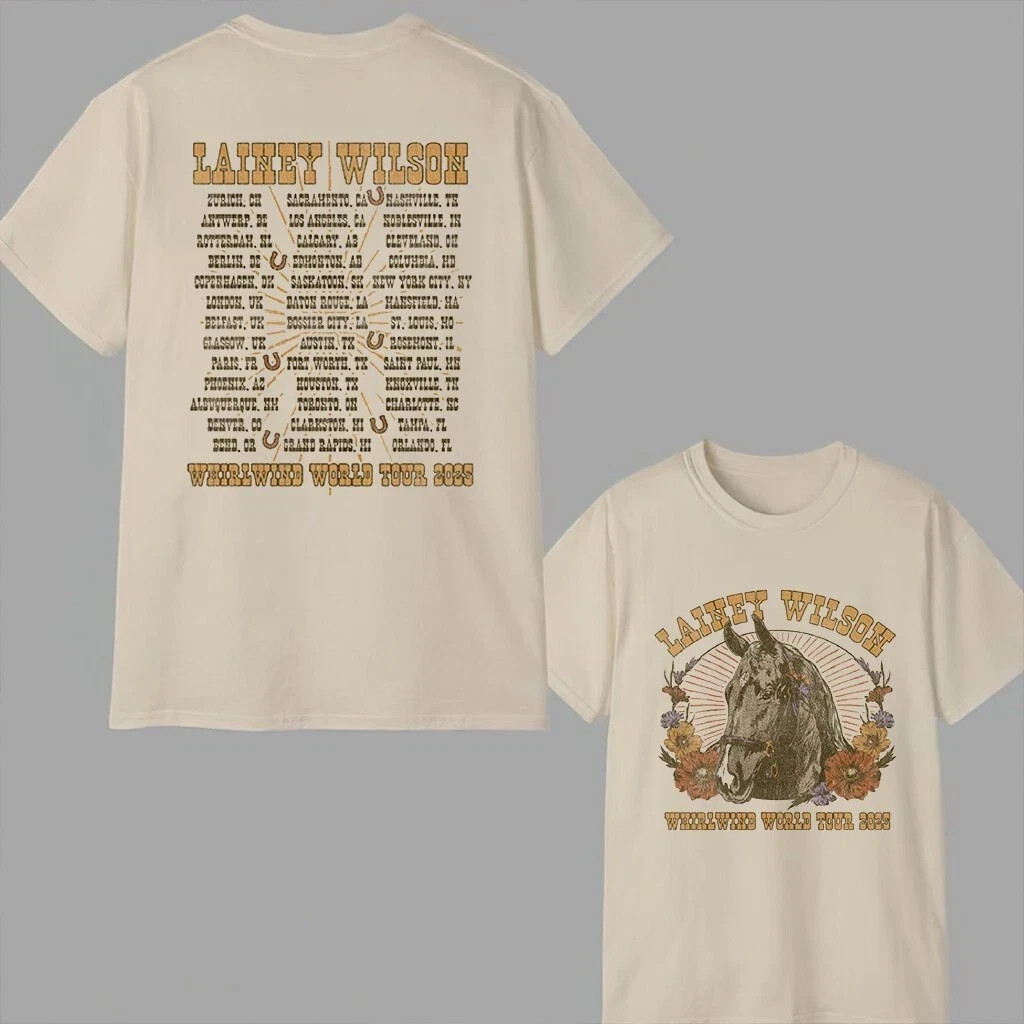 T-Shirt Officiel Lainey Wilson Whirlwind World Tour 2025-2026 - Modèle Horseshoe, Coton, Taille S-5XL