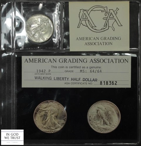 1942 Walking Liberty Silver Half Dollar 50C Old Photo Certificate AGA MS 64