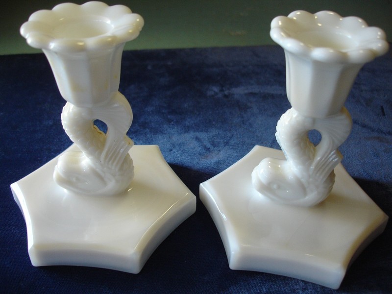 2 Westmoreland Koi Fish / Serpent Candlesticks White Milk Glass 4 1/4" Excellent