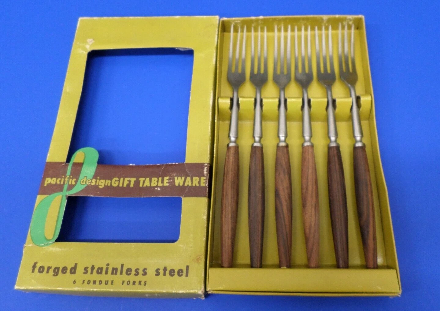 MCM Pacific Design 9.5" Long Stainless Forks Teak Handles FONDUE Japan Set 6 VTG