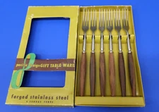 MCM Pacific Design 9.5" Long Stainless Forks Teak Handles FONDUE Japan Set 6 VTG