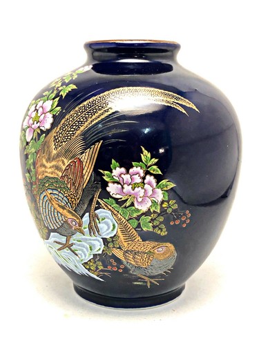 Japanese Kutani Porcelain Flower Vase Kabin VTG Floral Plum Bird Blossom Ikebana - Picture 5 of 7