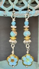 Silver, Gold and Silky Blue Flower Dangle Earrings. Nature. Bloom.