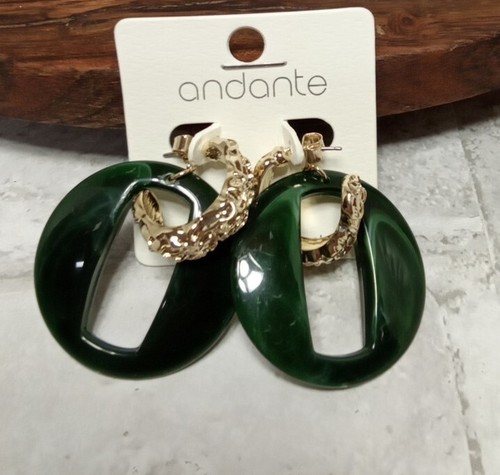 Andante Green and Gold Loop Earrings - New In Sealed Pack with post