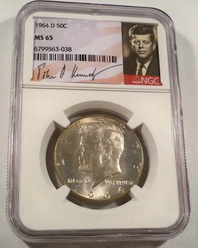 1964-D NGC MS65 SILVER KENNEDY HALF DOLLAR VERY NIVE RIM TONE 50c MS 65