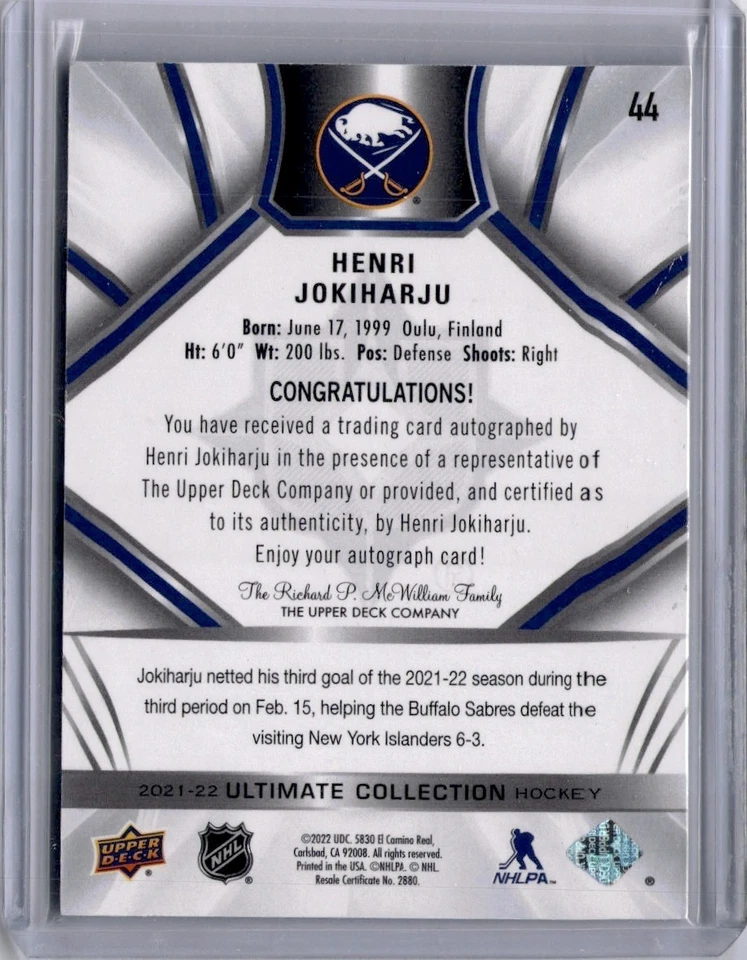 Henri Jokiharju Ultimate Auto #44 2021-22 Upper Deck Ultimate Collection - Image 2 of 2