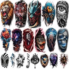 77 Sheets 3D Realistic Temporary Tattoos Skull Tiger Wolf Lion Dragon Spider