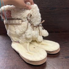 Muk Luks Womens Slipper Booties Size XL 11-12 Cream Knit Faux Fur Sherpa Pom Pom