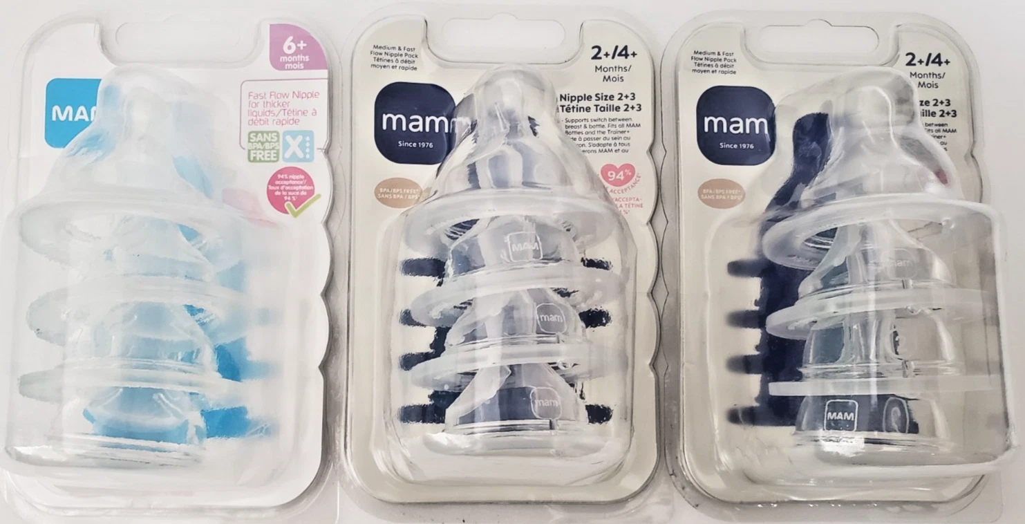 3 Four Packs MAM Bottle Nipples ~ 2+ 4+ 6+ Fast Flow and Size 2+3