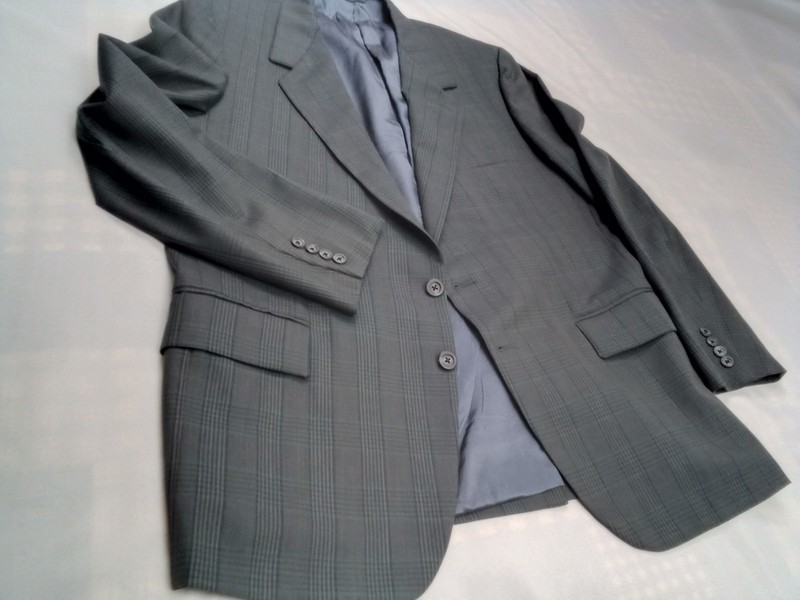 44 Tom James 44R Blue Plaid Blazer Wool Mens Suit Jacket Sport Coat Length 33"