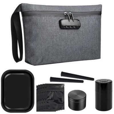 Grey Smell Proof Locking, Stash Bag, Complete with 11 Accessories, Grinder, Tray