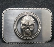 XE21129 VERY COOL VINTAGE 1970s RHINESTONE SKULL FASHION MENS BELT BUCKLE