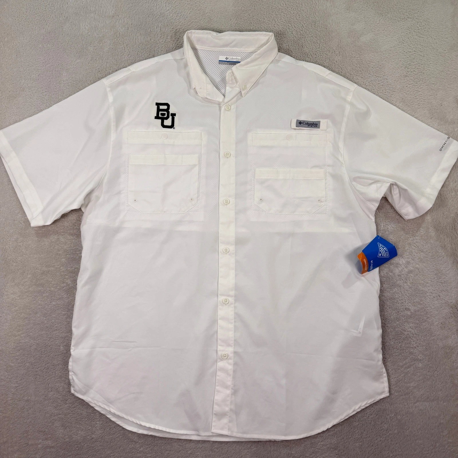 NEW Columbia Mens Large PFG Tamiami SS Shirt Baylor Bears White UPF 40 Fishing